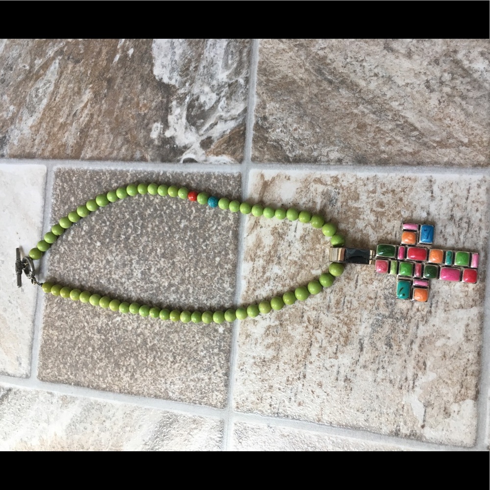 Lime turquoise stone necklace with cross pendant.